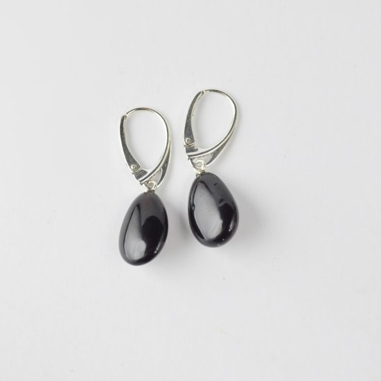 Medium long amber earrings black drop beads